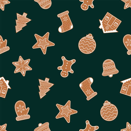 Christmas Background with Decorated Gingerbread Cookies. Vector Seamless Pattern for Party Decorations, Invitations, Gift Wrapping, Wallpapers, Textile, Apparelのイラスト素材