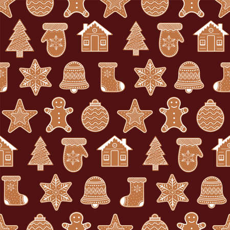 Christmas Seamless Pattern with Gingerbread Cookies on Maroon Background. Gingerbread Man, Star, Bell, Snowflake, Mitten, Sock, Tree, House, Decorating Ornamentのイラスト素材