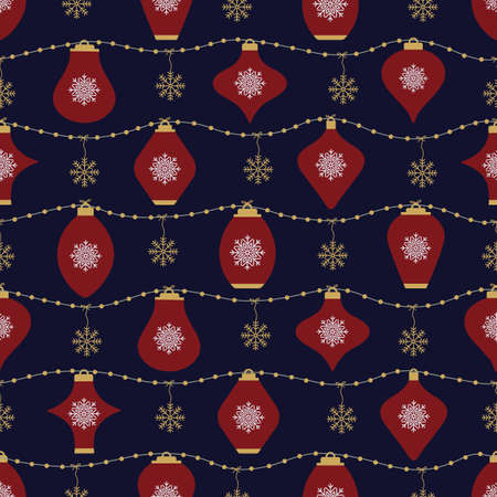 Red Lanterns, Golden Yellow Snowflakes Arranged Seamlessly On Dark Blue Background. For Christmas, New year Celebrations and Festivalsのイラスト素材