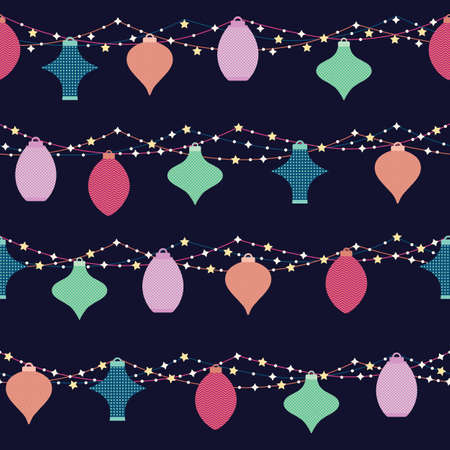 Seamless Pattern of Strings Decorated with Stars embellishments, Lights and Lanterns for Festivals...