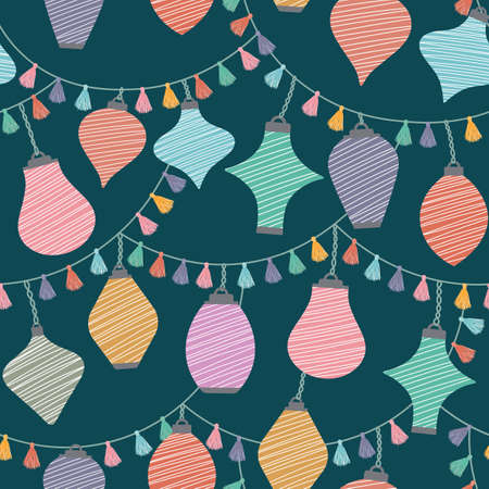 Seamless Background with Hanging Lanterns and Tassels. Unique Seamless Pattern for Festivals, Party and Celebrations. Strings Of Lanterns and Tassels Arranged Seamlessly on Turquoise Background.のイラスト素材