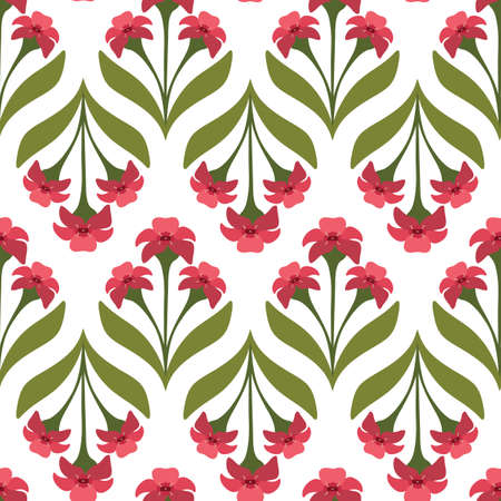 Floral Pattern with Botanical Motifs of Pink Flowers on White. Block Print For Fashion, Textile, Home Decor, Wallpaperのイラスト素材