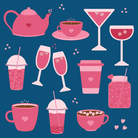 Valentines Day Set of Beverages Elements. Tea, Coffee, Dark chocolate, Bubble Tea, Martini, Wine. Vector Illustration for Valentines Day Theme Stickers, Greeting card, Bullet Journal, Menuのイラスト素材