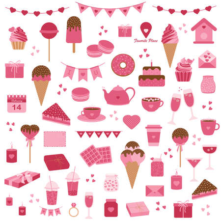 Valentines Day Elements Set. Gifts, Ice creams, Desserts, Drinks, Tea, Coffee, Candles, Stationery and other Items. Vector Illustration for Valentines day Stickers, Scrapbooking, cards, Journal etcのイラスト素材
