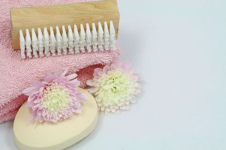 macro shot of toiletries and flowers