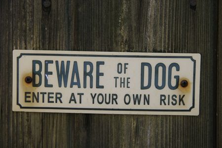 beware of the dog sign on a wooden background