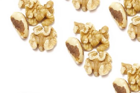 walnuts and brazil nuts isolated on whiteの写真素材