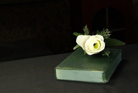 a rose next to a book depicting it could be a romantic novelの写真素材