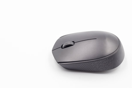 Black wireless mouse on white background, wireless computer mouse on white background.の写真素材
