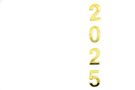 Gold 2025 numerals on a white background. 2025 New Years Eve Celebration, Holiday background Happy New Year 2025. Numbers of year 2025, celebrating New Year holiday, Space for textの写真素材