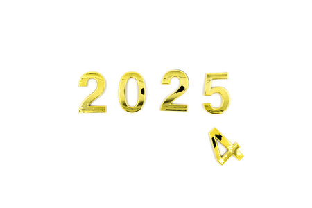 Gold 2025 numerals on a white background. 2025 New Years Eve Celebration, Holiday background Happy New Year 2025. Numbers of year 2025, celebrating New Year holiday, Space for textの写真素材