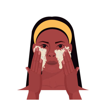 Young african american woman using foam for Pampering and freshness concept. Beauty tutorial. Facial treatments, skin care, healthy lifestyle. Isolated over white background.のイラスト素材