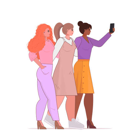 Group of three friends taking a selfie and laughing. Friendship and youth concept. Cartoon vector illustration. Isolated over white background.のイラスト素材