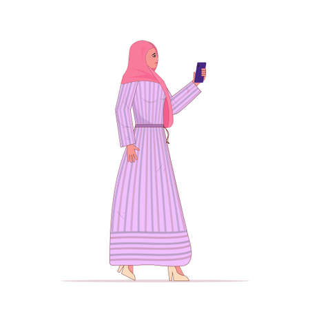 Young arabic woman in traditional clothes with phone.Smiling young beautiful woman People sincere emotions, lifestyle concept.Cartoon character standing pose full length. Isolated over white backgroのイラスト素材