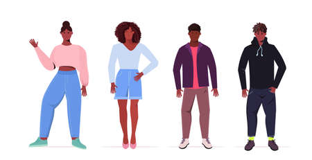Set people beautiful young african american men women in casual trendy clothes female cartoon character standing pose view full length. Isolated over white background.のイラスト素材
