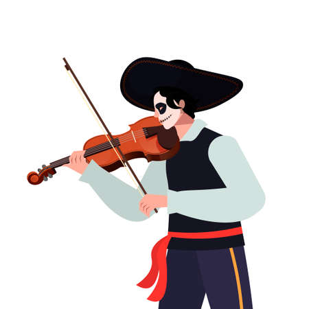 Happy Halloween concept. Vector Dia de Los Muertos, Day of the Dead or Mexico Halloween. Mexican costum and sombrero, play music.Vector illustration background. Isolated over blue background. Musicalのイラスト素材