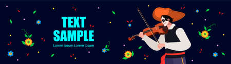 Happy Halloween concept. Vector Dia de Los Muertos, Day of the Dead or Mexico Halloween. Mexican costum and sombrero, play music.Vector illustration background. Musical instruments. Classical music viのイラスト素材