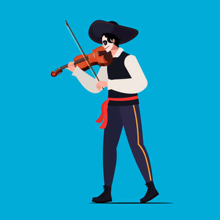 Happy Halloween concept. Vector Dia de Los Muertos, Day of the Dead or Mexico Halloween. Mexican costum and sombrero, play music.Vector illustration background. Isolated over blue background. Musicalのイラスト素材