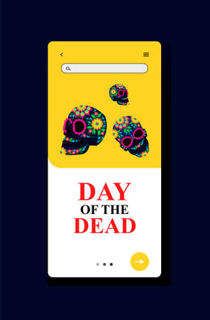 Modern website template mobile designs. Design concepts of web design for mobile website. Happy Halloween concept. Vector Dia de Los Muertos, Day of the Dead or Mexico Halloween. Concept smartphoneのイラスト素材