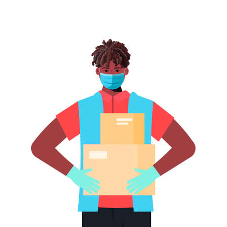 Delivery of goods during the prevention of coronovirus, Covid-19. Courier in a face mask with a box in his hands. Portrait from the waist up. Social isolation and self quarantine conceptのイラスト素材