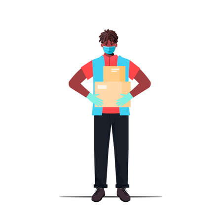 Delivery men or courier in protective medical face mask with a box in his hands. and protective gloves. Delivery of goods during the prevention of coronovirus concept. Social isolation and self quarのイラスト素材