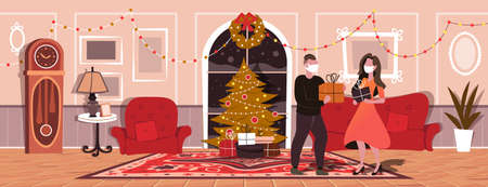 Young people in masks give gifts to each other. New year Christmas holidays celebration concept living room interior horizontal. Christmas presents buying flat vector illustration.のイラスト素材