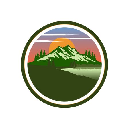 Mountain landscape with trees, sky, sun, pine, spruces, ocean design vector eps formatのイラスト素材