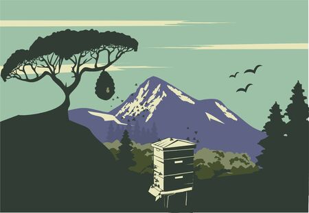 Langstroth beehive blue mountain landscape vector formatのイラスト素材