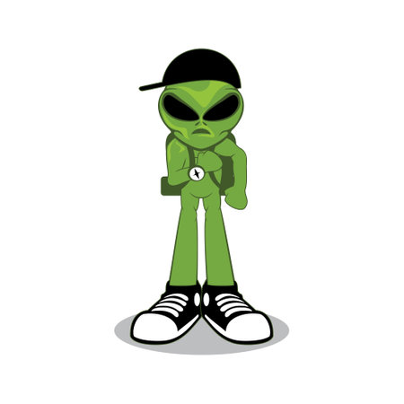 Green alien character wearing shoes, backpack and black hat isolated white background designのイラスト素材
