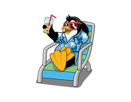 Penguin wearing awaiian shirt, sunglasses and sipping a drink on a lounge chair designのイラスト素材