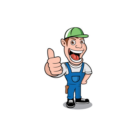 Funny worker smiling and wearing hat giving thumbs up cartoon designのイラスト素材