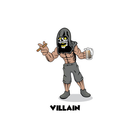 Skull Villain smoking and drinking cartoon character designのイラスト素材