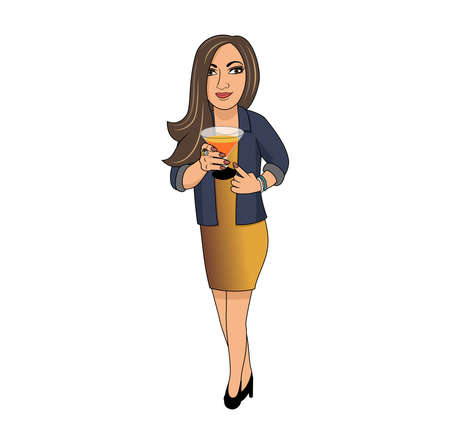 Woman cartoon character standing and holding glass design illustrationのイラスト素材