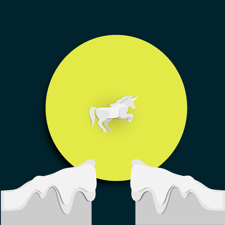 Paper cut art 3d unicorn fantasy moon mountain Vector illustration. Abstract unicorn text spaceのイラスト素材