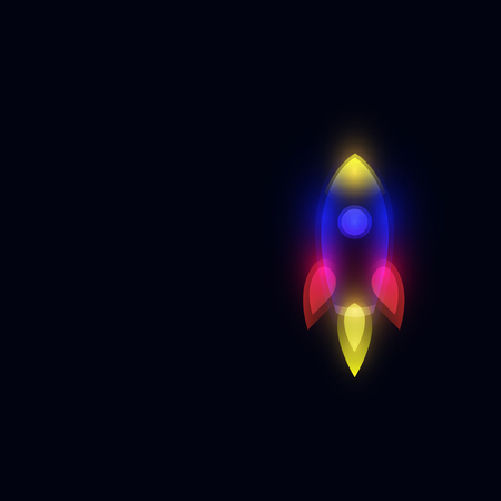 Rocket light neon colorful red blue yellow Vector and illustration flying rocket.Space travel to the moon.Space rocket launch.Project start up rocket Solar System and text spaceのイラスト素材