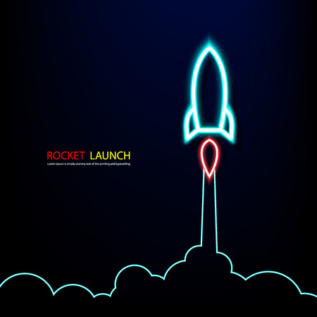 Rocket light neon colorful red blue yellow Vector and illustration flying rocket.Space travel to the moon.Space rocket launch.Project start up rocket Solar System and text spaceのイラスト素材