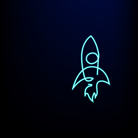 Rocket light neon colorful red blue yellow Vector and illustration flying rocket.Space travel to the moon.Space rocket launch.Project start up rocket Solar System and text spaceのイラスト素材