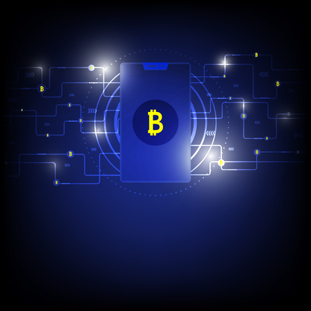 Internet Bitcoin in Earth with Bitcoin transfer money. Cryptocurrency Transaction. Bitcoin Vector illustration.のイラスト素材