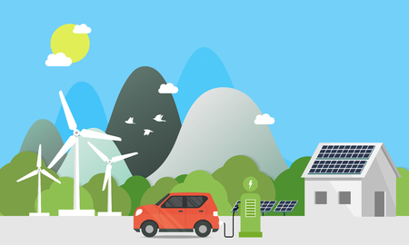 Electric cars charging at the charger station in front of the solar panels and wind turbines. City. nature. in blue background and sun. Environmentally friendly Eco green city theme.のイラスト素材