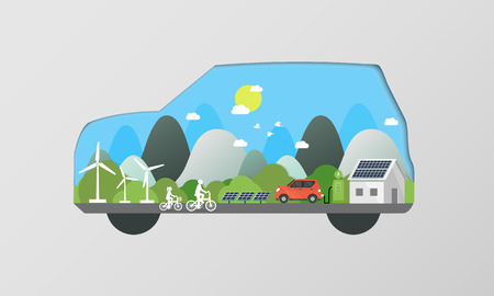 Electric cars charging at the charger station in front of the solar panels and wind turbines. City. nature. ride bicycle in blue background and sun. Environmentally friendly Eco green city theme.のイラスト素材