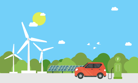 Electric cars charging at the charger station in front of the solar panels and wind turbines. City. nature. in blue background and sun. Environmentally friendly Eco green city theme.のイラスト素材