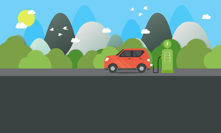 Electric cars charging at the charger station in front of the solar panels and wind turbines. City. nature. in blue background and sun. Environmentally friendly Eco green city theme.のイラスト素材