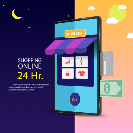 Shopping online mobile phone concept Shopping online open 24 hours vectorのイラスト素材