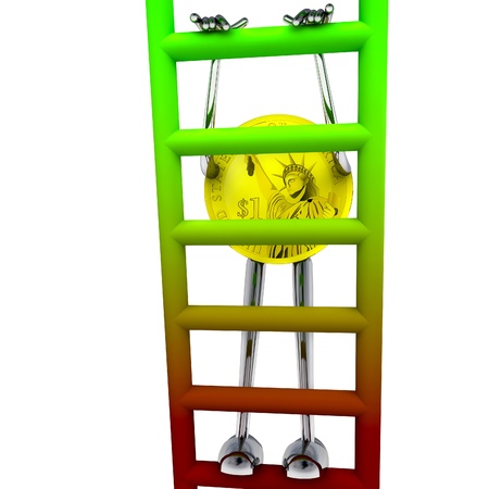 dollar coin robot climbs up on red green ladder rendering illustrationの写真素材