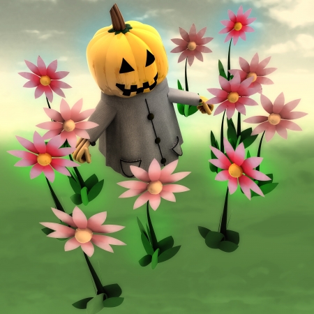halloween pumpkin witch in magic flower garden render illustrationの写真素材