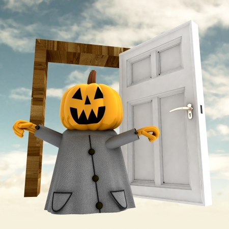 pumpkin halloween witch with open heaven door render illustrationの写真素材