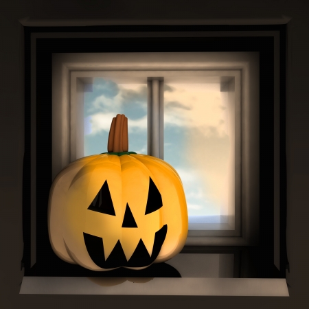 pumpkin halloween head at window in sunset light render illustrationの写真素材