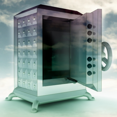 impregnable blue metallic opened vault with sky render illustrationの写真素材