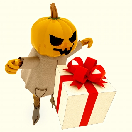 isolated halloween pumpkin witch has gift suprise with bats render illustrationの写真素材