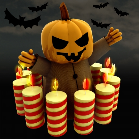 halloween pumpkin witch with lighted candles and bats render illustrationの写真素材